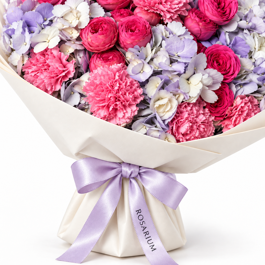 Lavender Hush, lavender hydrangea, blush roses and pink carnations, packaging detail