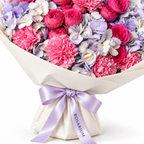 Lavender Hush, lavender hydrangea, blush roses and pink carnations, packaging detail