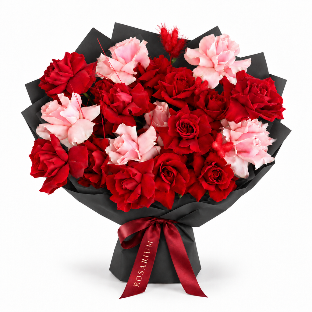 Love, Softened, red and blush roses in black wrapping
