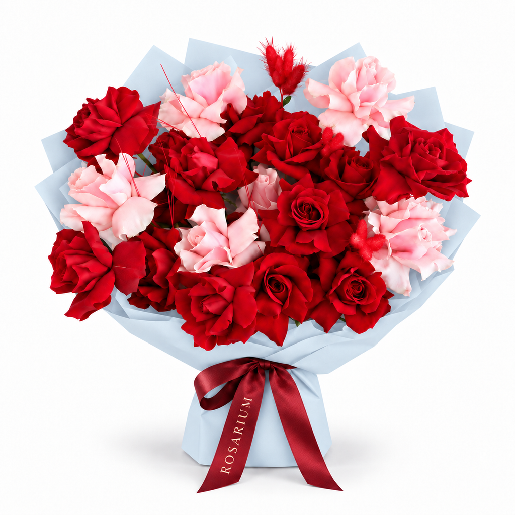 Love, Softened, red and blush roses in blue wrapping