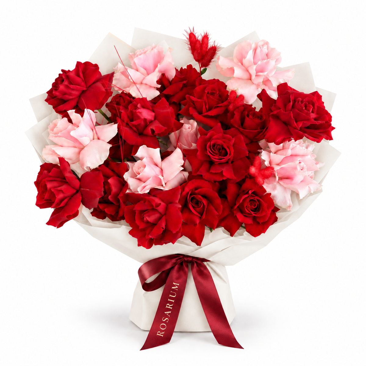 Love, Softened, red and blush roses in off-white wrapping
