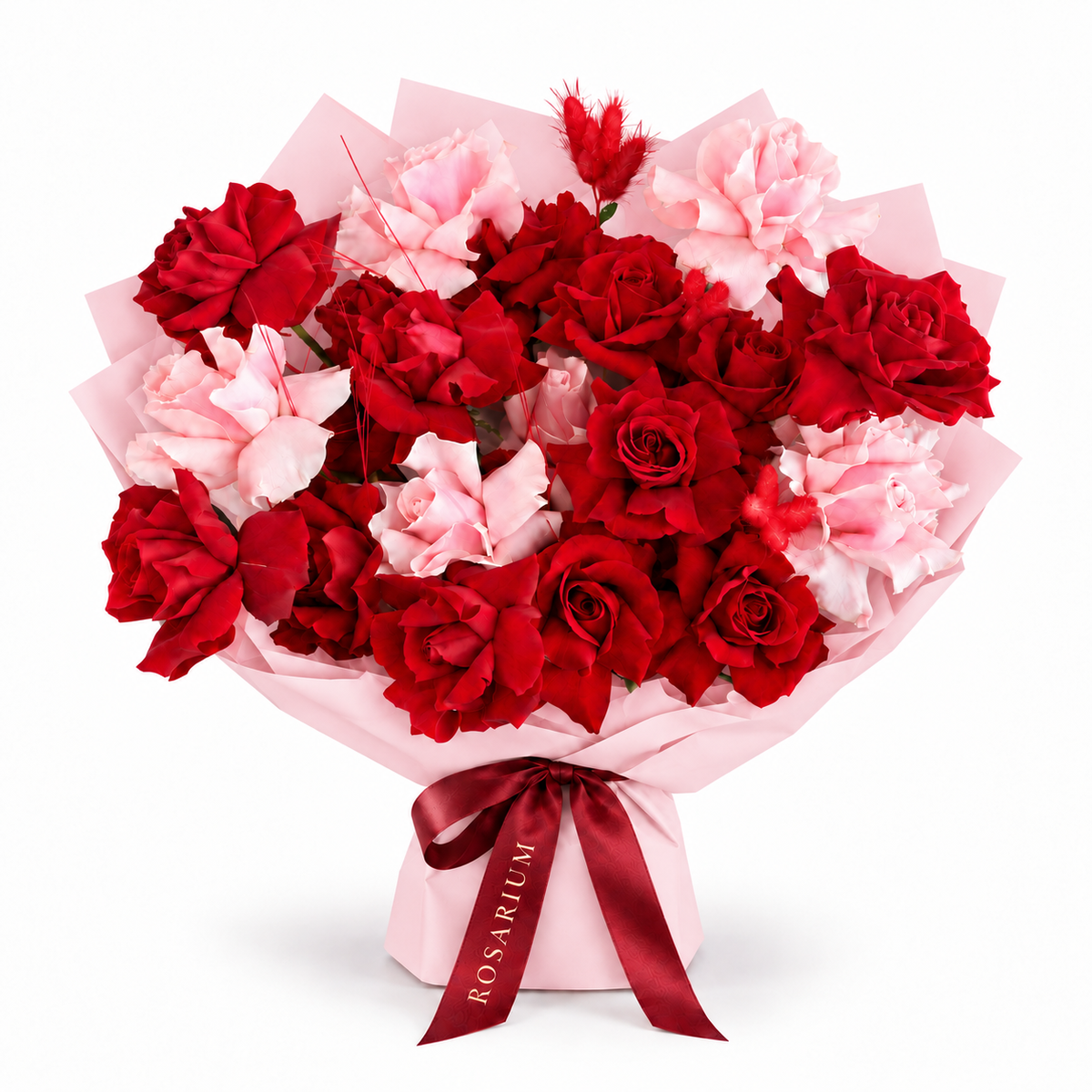 Love, Softened, red and blush roses in light pink wrapping