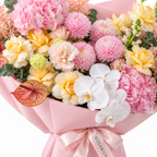 Marina in Colour, yellow roses, pink chrysanthemums, white orchids, hydrangea and lisianthus, floral detail