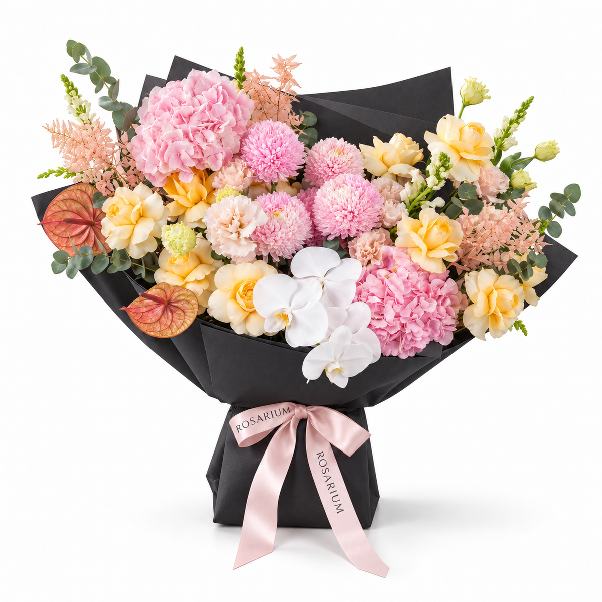 Marina in Colour, yellow roses, pink chrysanthemums, white orchids, hydrangea and lisianthus in black wrapping
