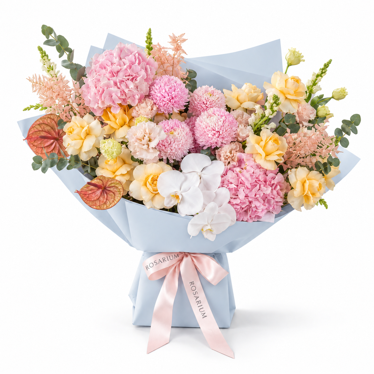 Marina in Colour, yellow roses, pink chrysanthemums, white orchids, hydrangea and lisianthus in blue wrapping