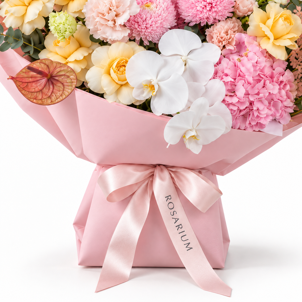 Marina in Colour, yellow roses, pink chrysanthemums, white orchids, hydrangea and lisianthus, packaging detail