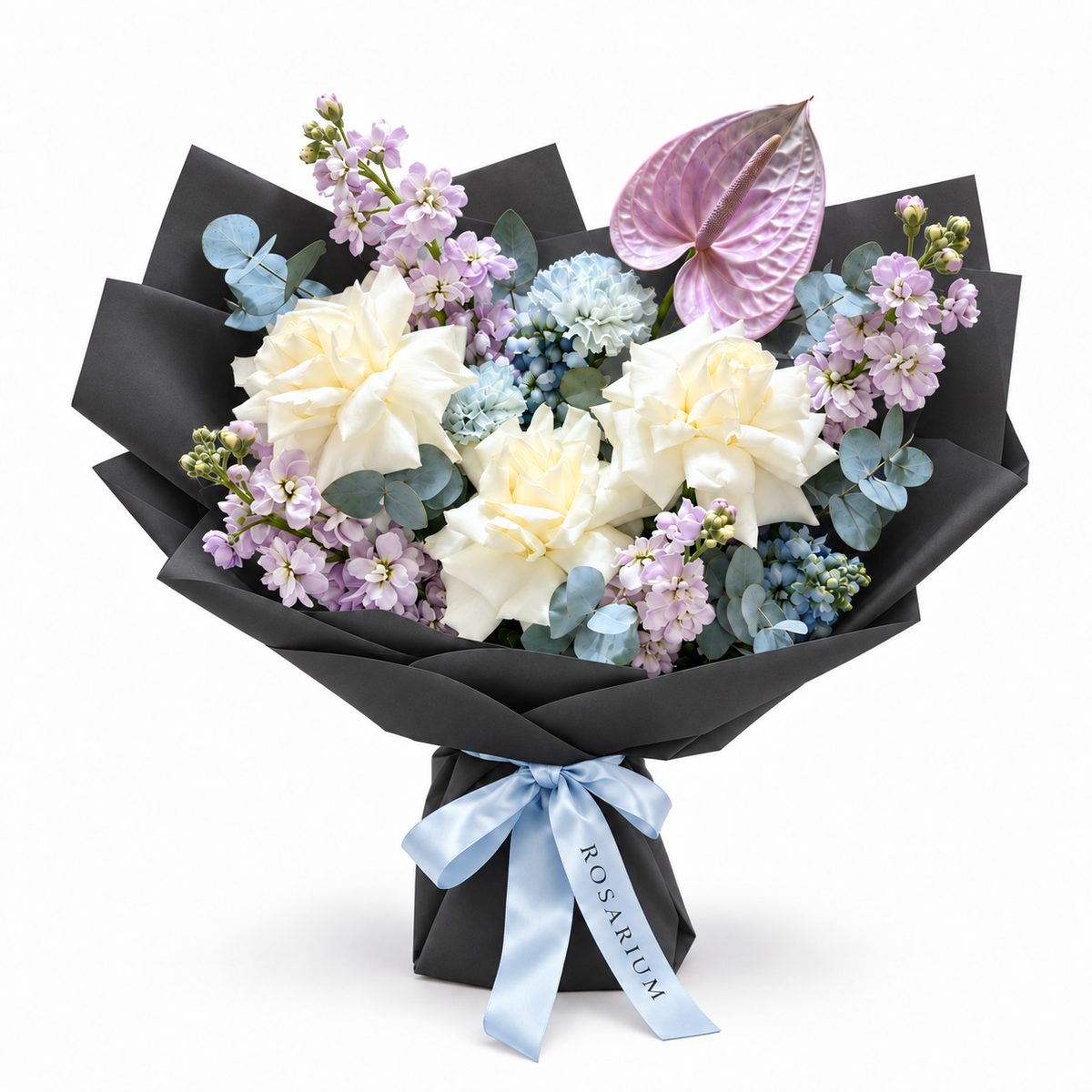 Lilac Orbit, white roses, lilac stock, blue carnations and lilac anthurium in black wrapping