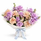 Ocean Hush, soft-purple and taupe roses with seasonal pastel blooms in off-white wrapping