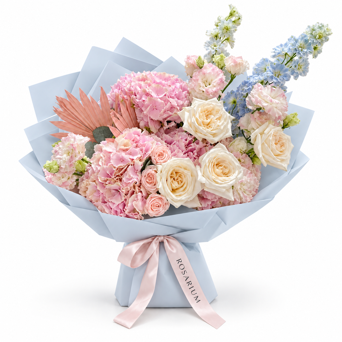 Blue in the Blush, pink hydrangea, blush roses and pale-blue delphinium in blue wrapping