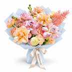 Peach Blush Club, pink and peach roses, spray roses, white stock and lisianthus in blue wrapping