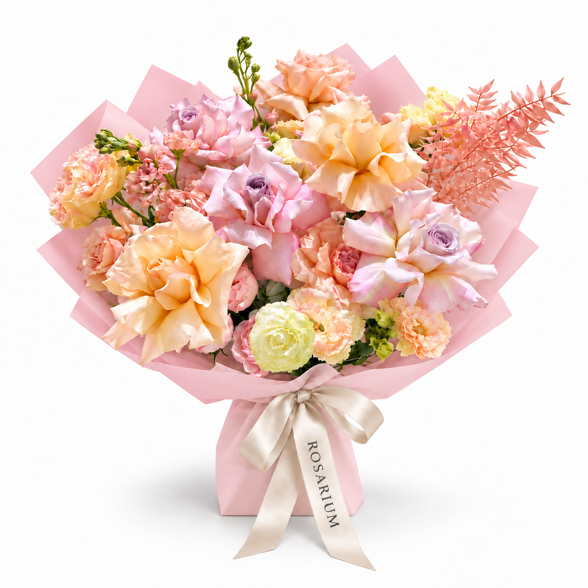 Peach Blush Club, pink and peach roses, spray roses, white stock and lisianthus in light pink wrapping