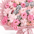Pink Plot Twist, pink hydrangea, blush roses, lisianthus and ruffled carnations, floral detail