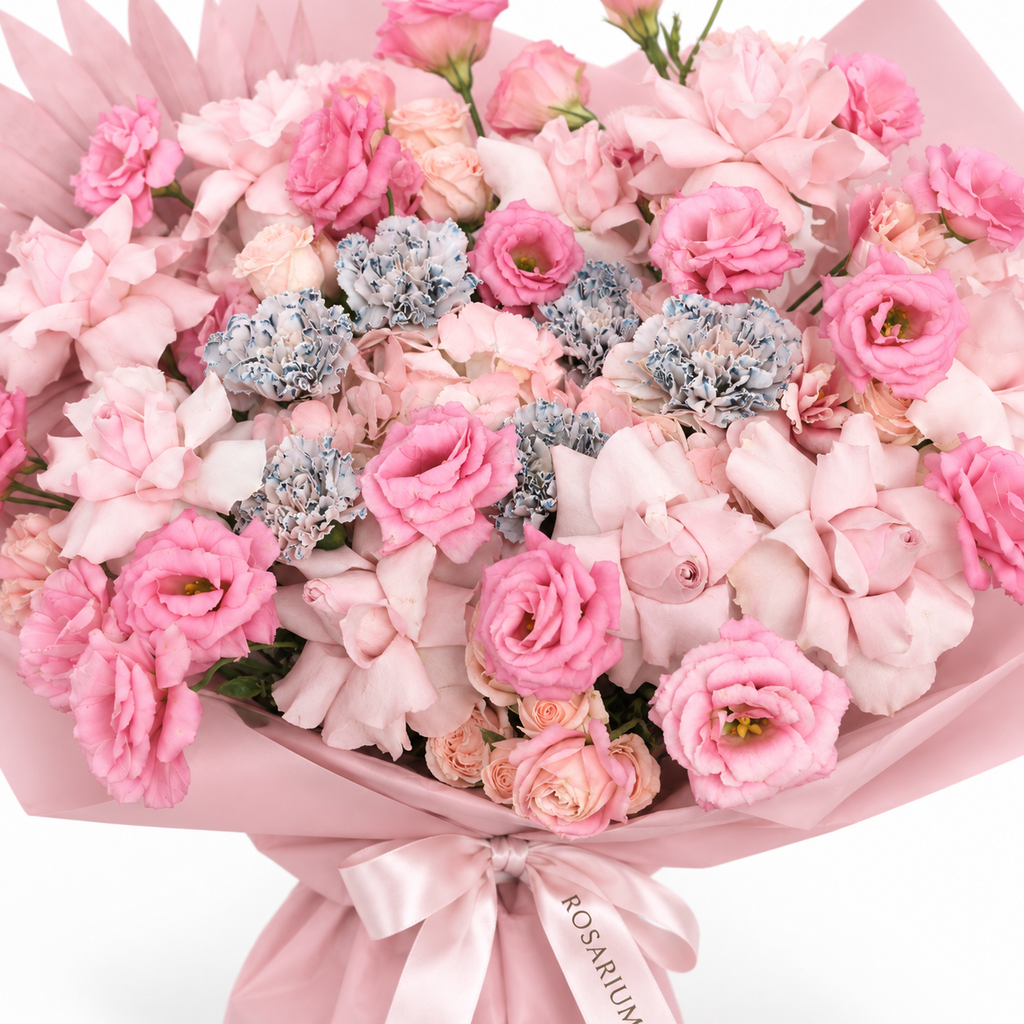 Pink Plot Twist, pink hydrangea, blush roses, lisianthus and ruffled carnations, floral detail
