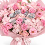 Pink Plot Twist, pink hydrangea, blush roses, lisianthus and ruffled carnations, floral detail
