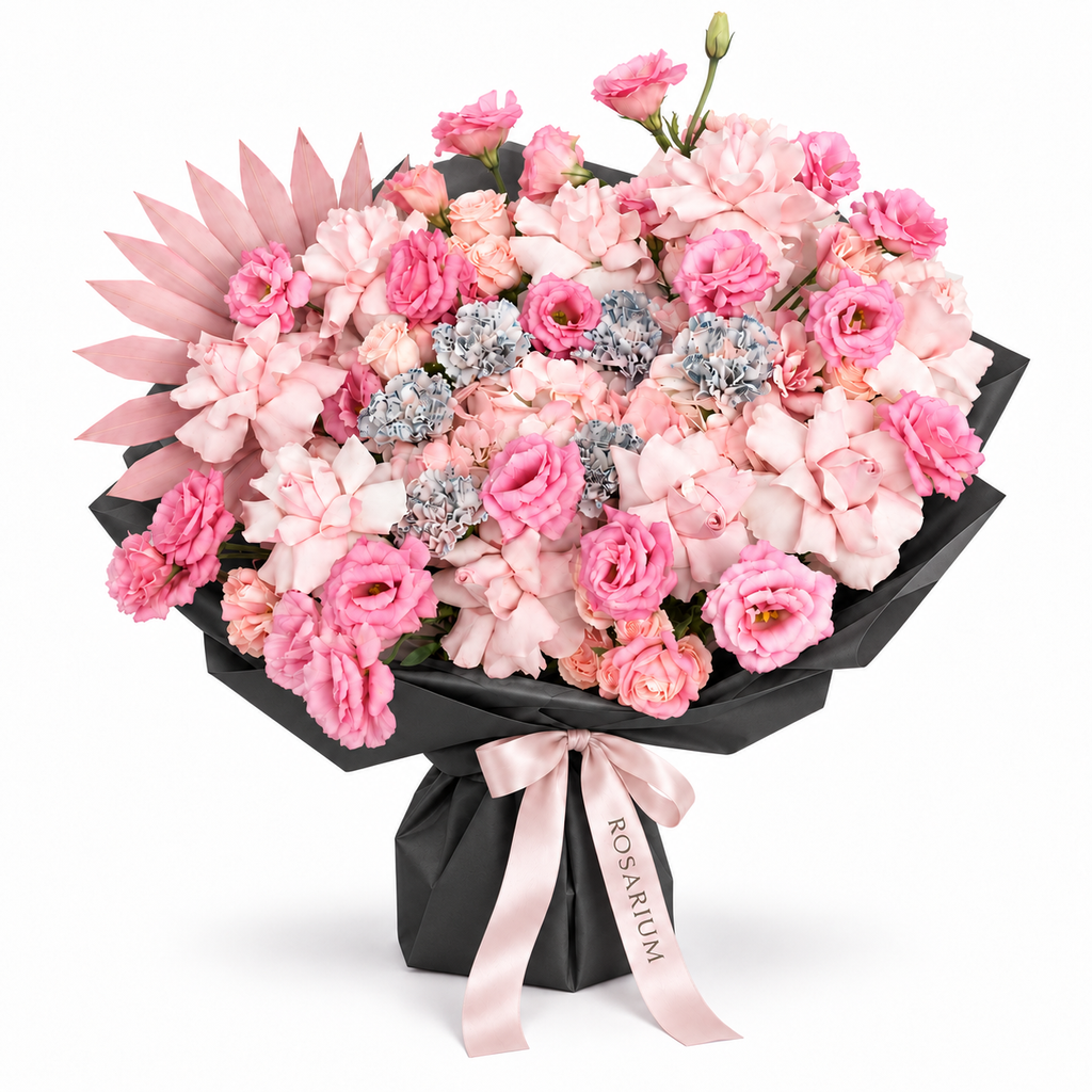 Pink Plot Twist, pink hydrangea, blush roses, lisianthus and ruffled carnations in black wrapping