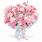 Pink Plot Twist, pink hydrangea, blush roses, lisianthus and ruffled carnations in blue wrapping