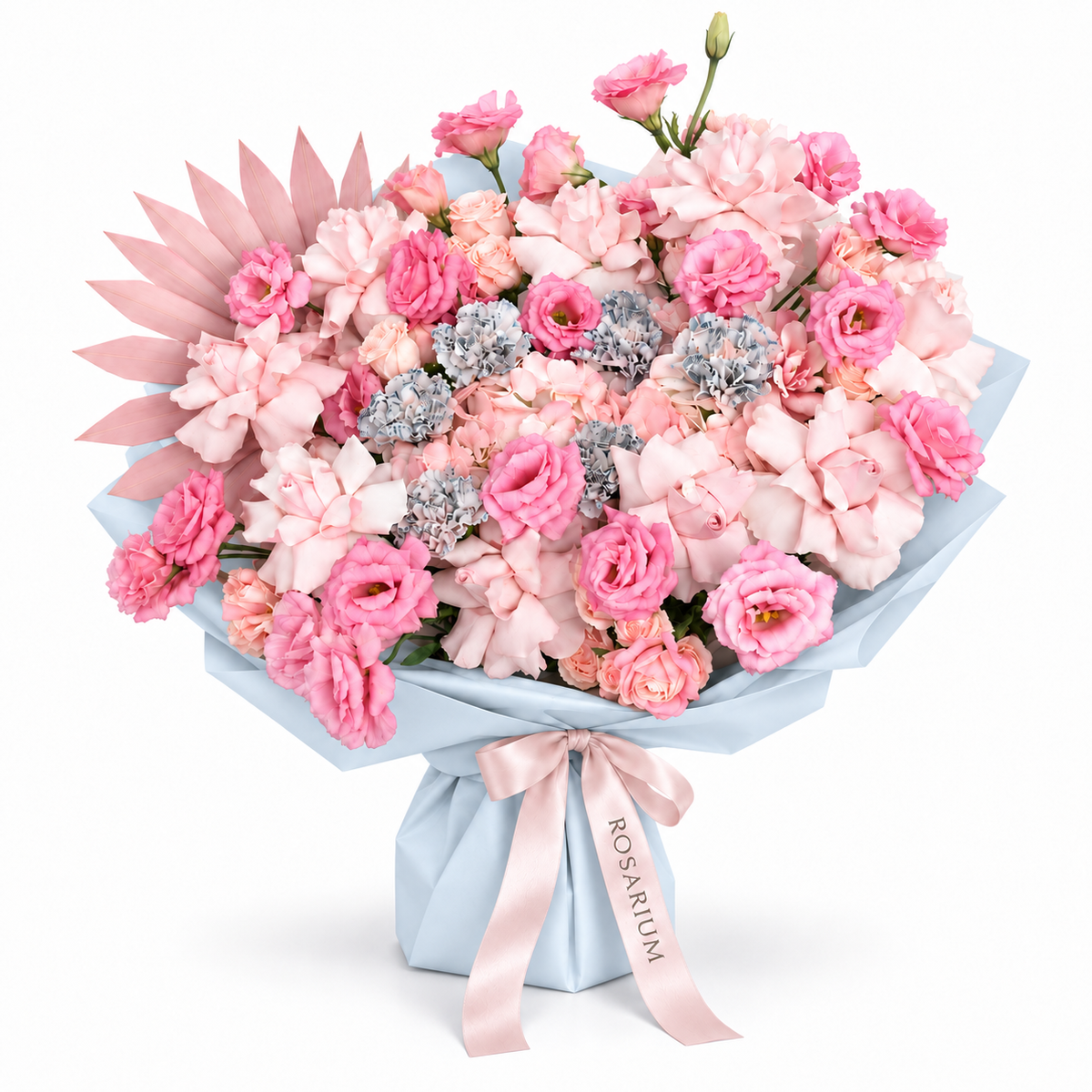 Pink Plot Twist, pink hydrangea, blush roses, lisianthus and ruffled carnations in blue wrapping