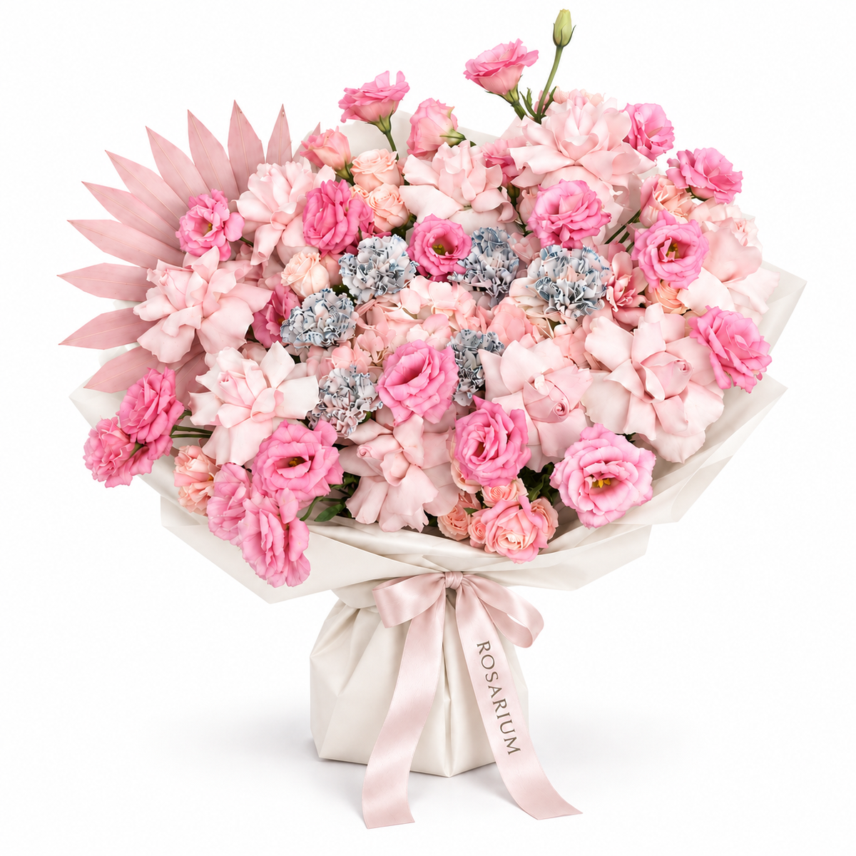 Pink Plot Twist, pink hydrangea, blush roses, lisianthus and ruffled carnations in off-white wrapping