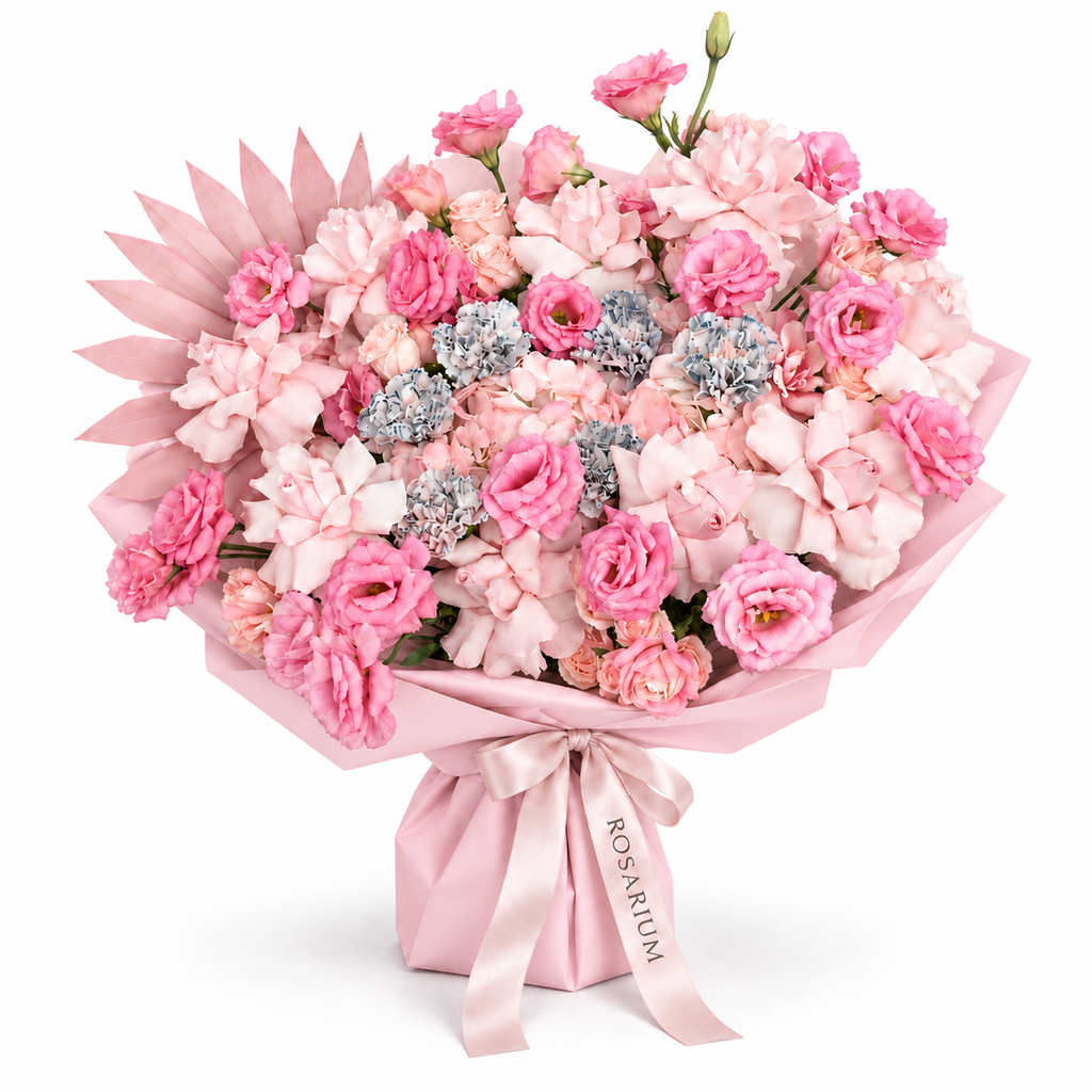 Pink Plot Twist, pink hydrangea, blush roses, lisianthus and ruffled carnations in light pink wrapping
