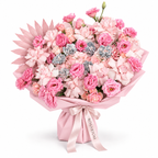Pink Plot Twist, pink hydrangea, blush roses, lisianthus and ruffled carnations in light pink wrapping