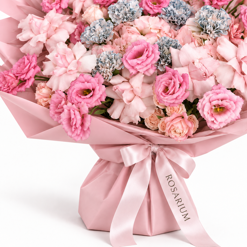 Pink Plot Twist, pink hydrangea, blush roses, lisianthus and ruffled carnations, packaging detail