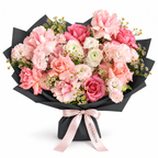 Spring, Properly, blush roses, cream ranunculus, carnations and small white flowers in black wrapping