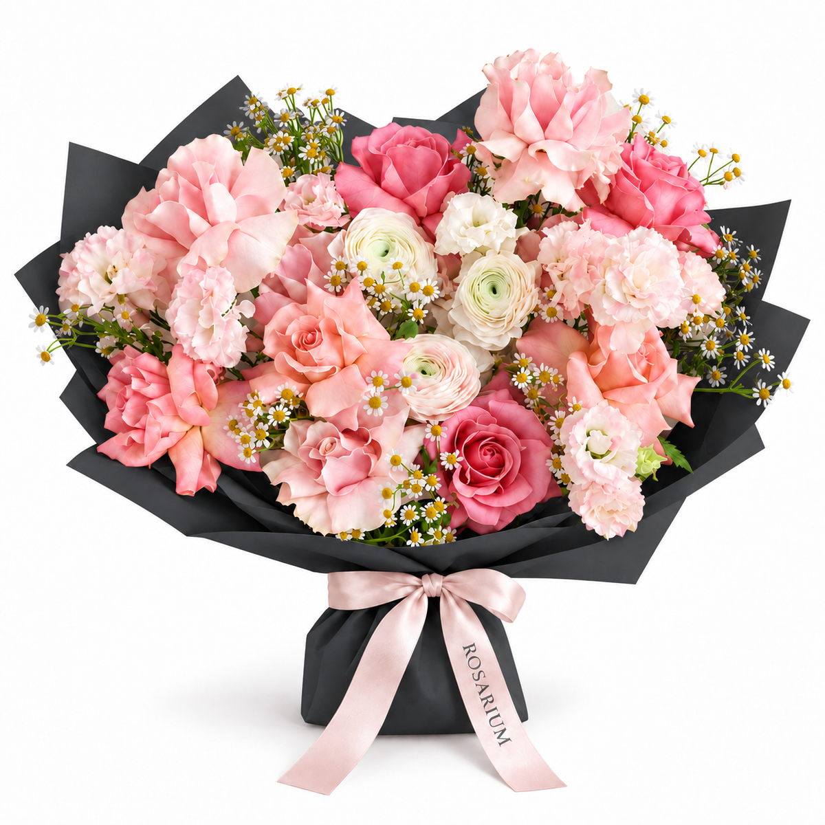 Spring, Properly, blush roses, cream ranunculus, carnations and small white flowers in black wrapping
