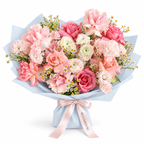 Spring, Properly, blush roses, cream ranunculus, carnations and small white flowers in blue wrapping