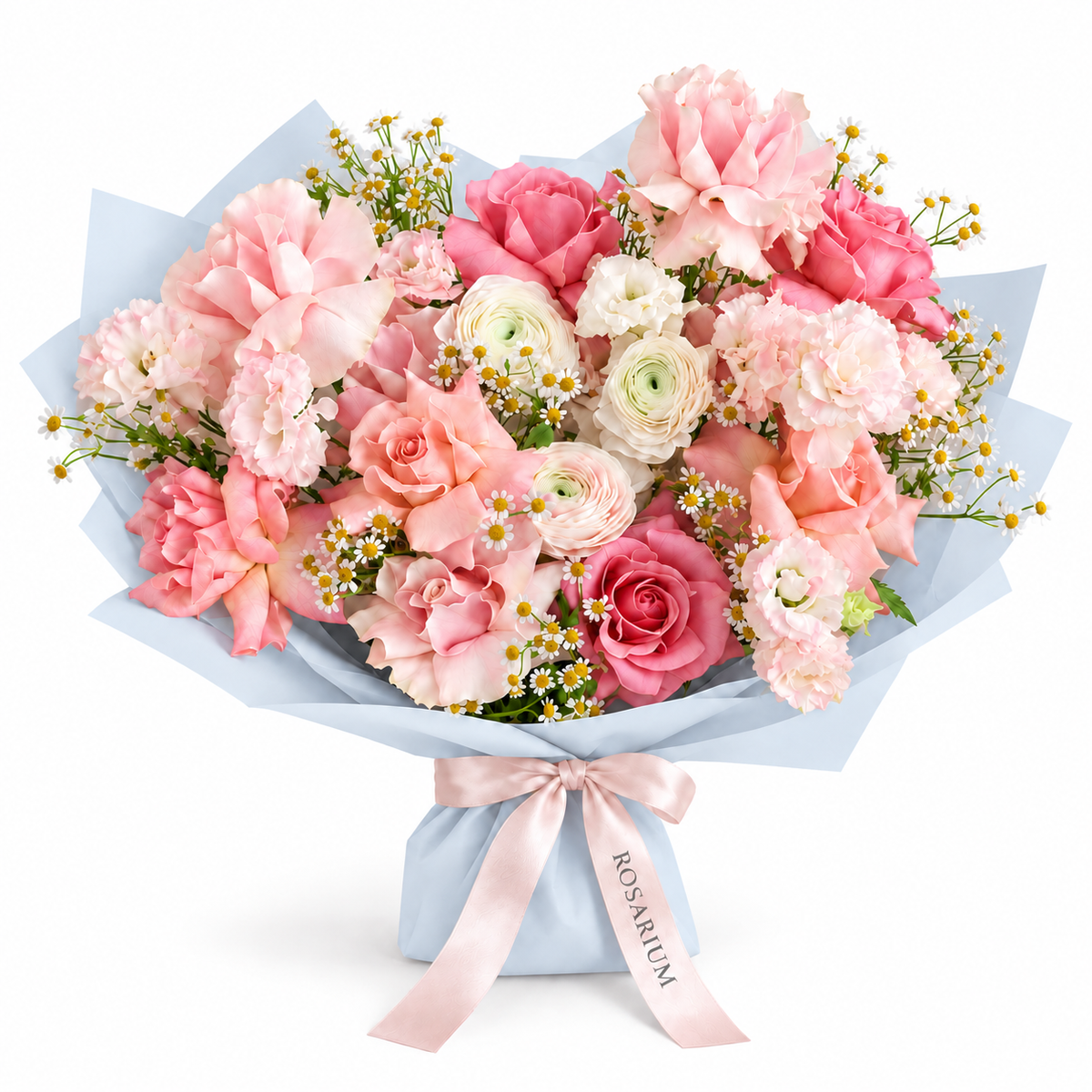 Spring, Properly, blush roses, cream ranunculus, carnations and small white flowers in blue wrapping