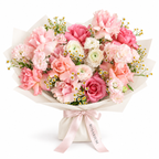 Spring, Properly, blush roses, cream ranunculus, carnations and small white flowers in off-white wrapping