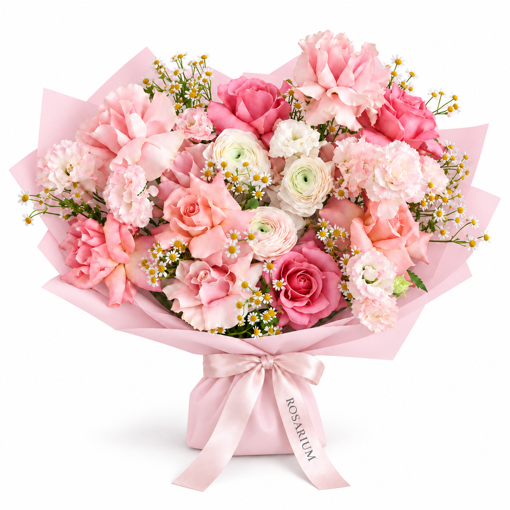 Spring, Properly, blush roses, cream ranunculus, carnations and small white flowers in light pink wrapping