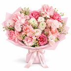 Spring, Properly, blush roses, cream ranunculus, carnations and small white flowers in light pink wrapping