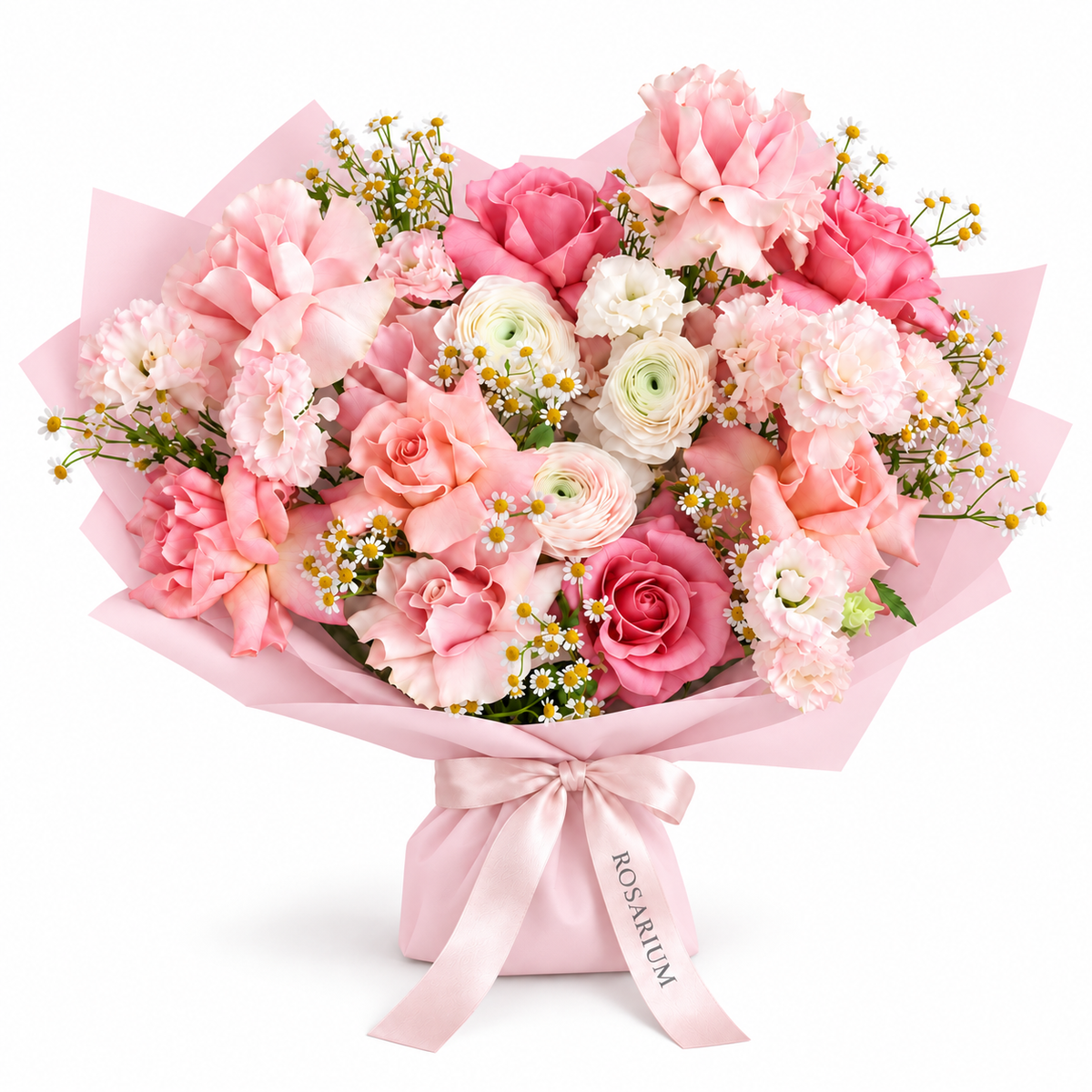 Spring, Properly, blush roses, cream ranunculus, carnations and small white flowers in light pink wrapping