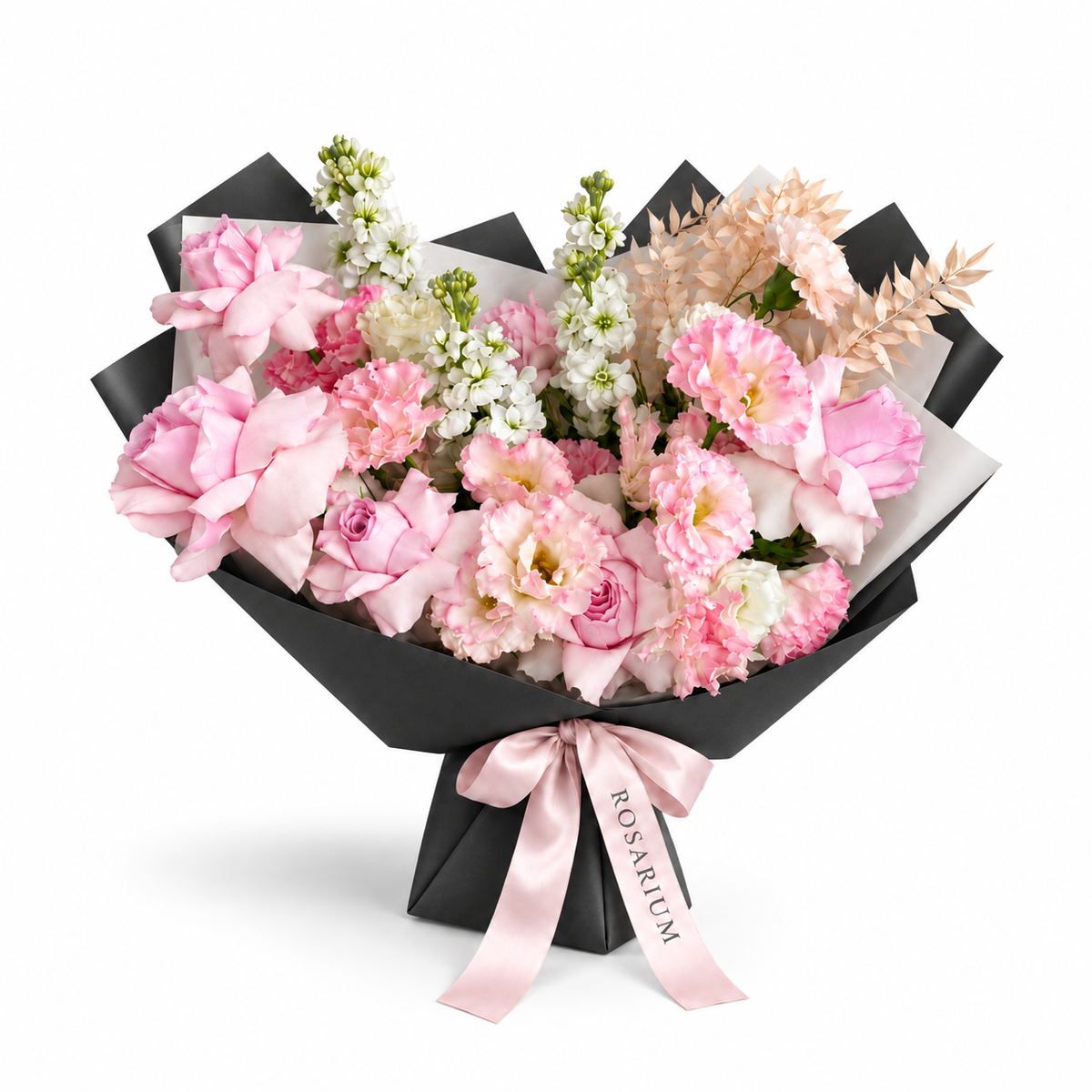 Pretty, Unfussy, pink roses, white lisianthus and white stock in black wrapping