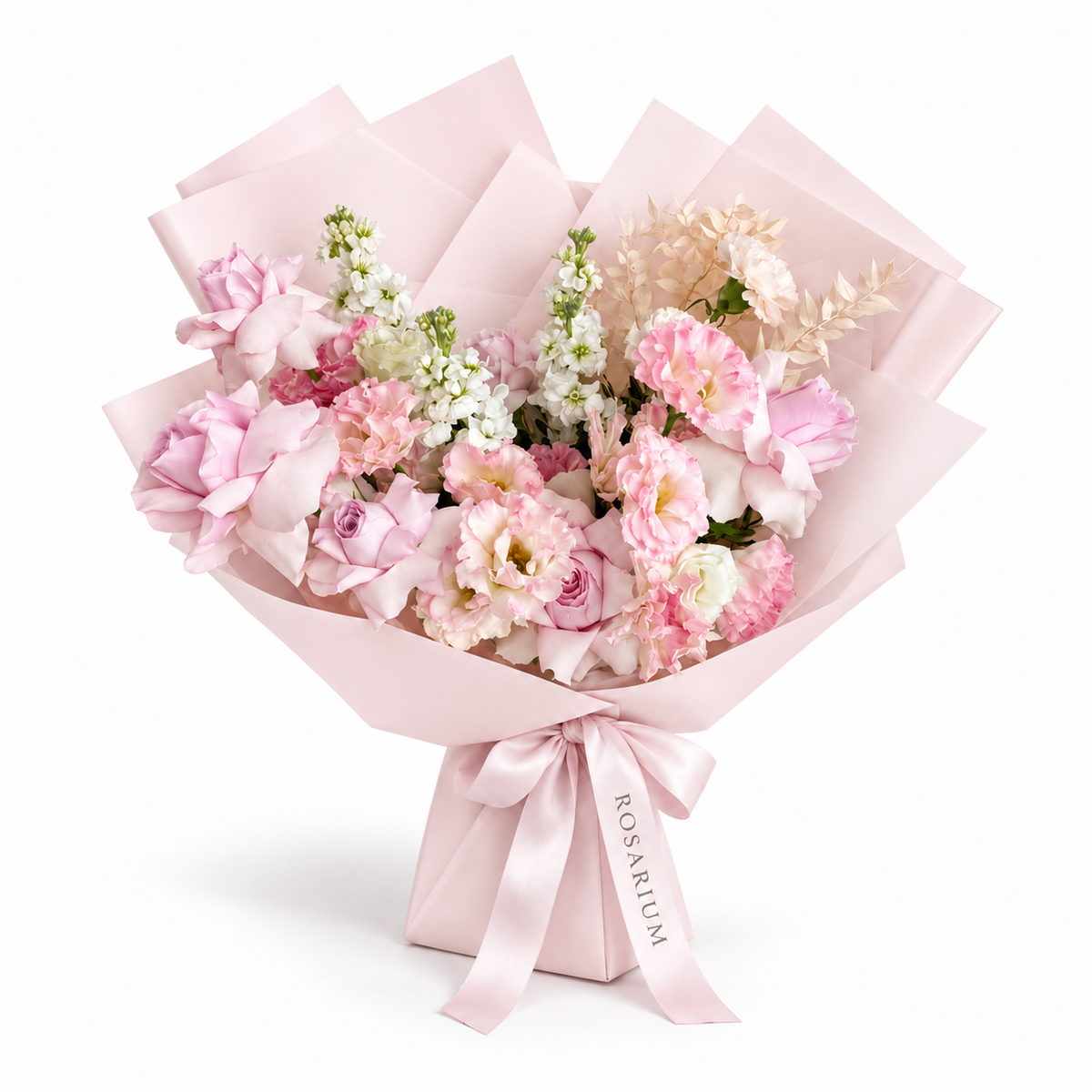 Pretty, Unfussy, pink roses, white lisianthus and white stock in light pink wrapping