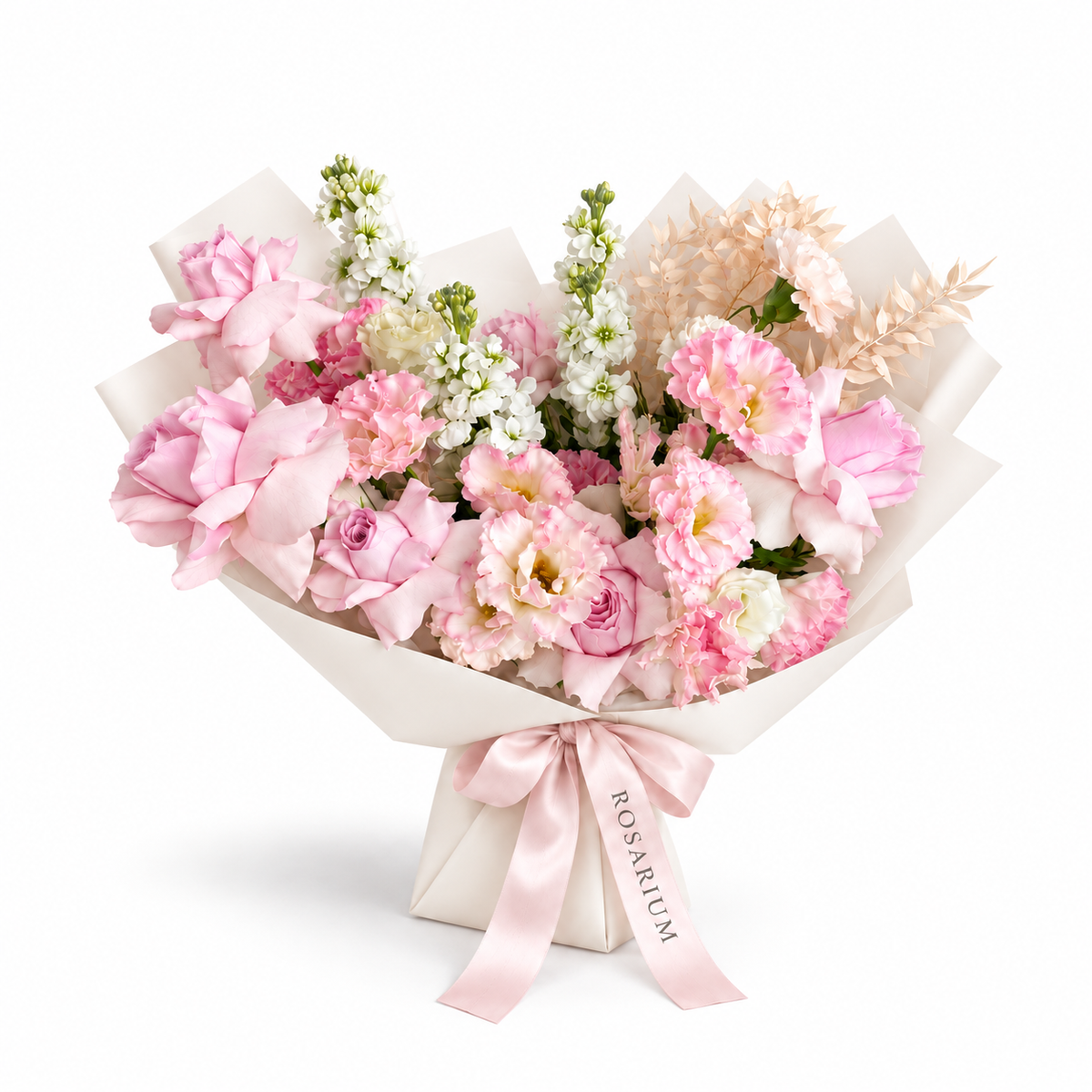 Pretty, Unfussy, pink roses, white lisianthus and white stock in off-white wrapping
