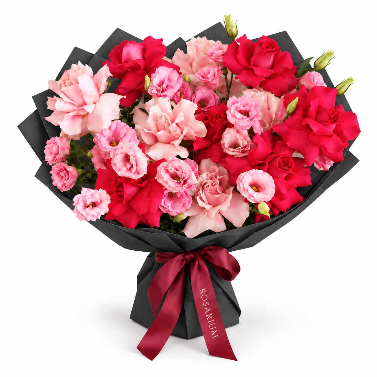 Raspberry Rush, fuchsia and soft-pink roses, lisianthus and hydrangea in black wrapping