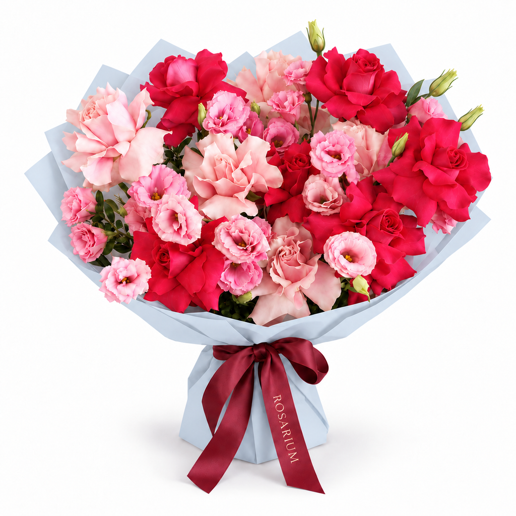 Raspberry Rush, fuchsia and soft-pink roses, lisianthus and hydrangea in blue wrapping