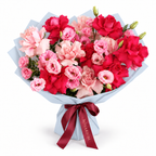 Raspberry Rush, fuchsia and soft-pink roses, lisianthus and hydrangea in blue wrapping