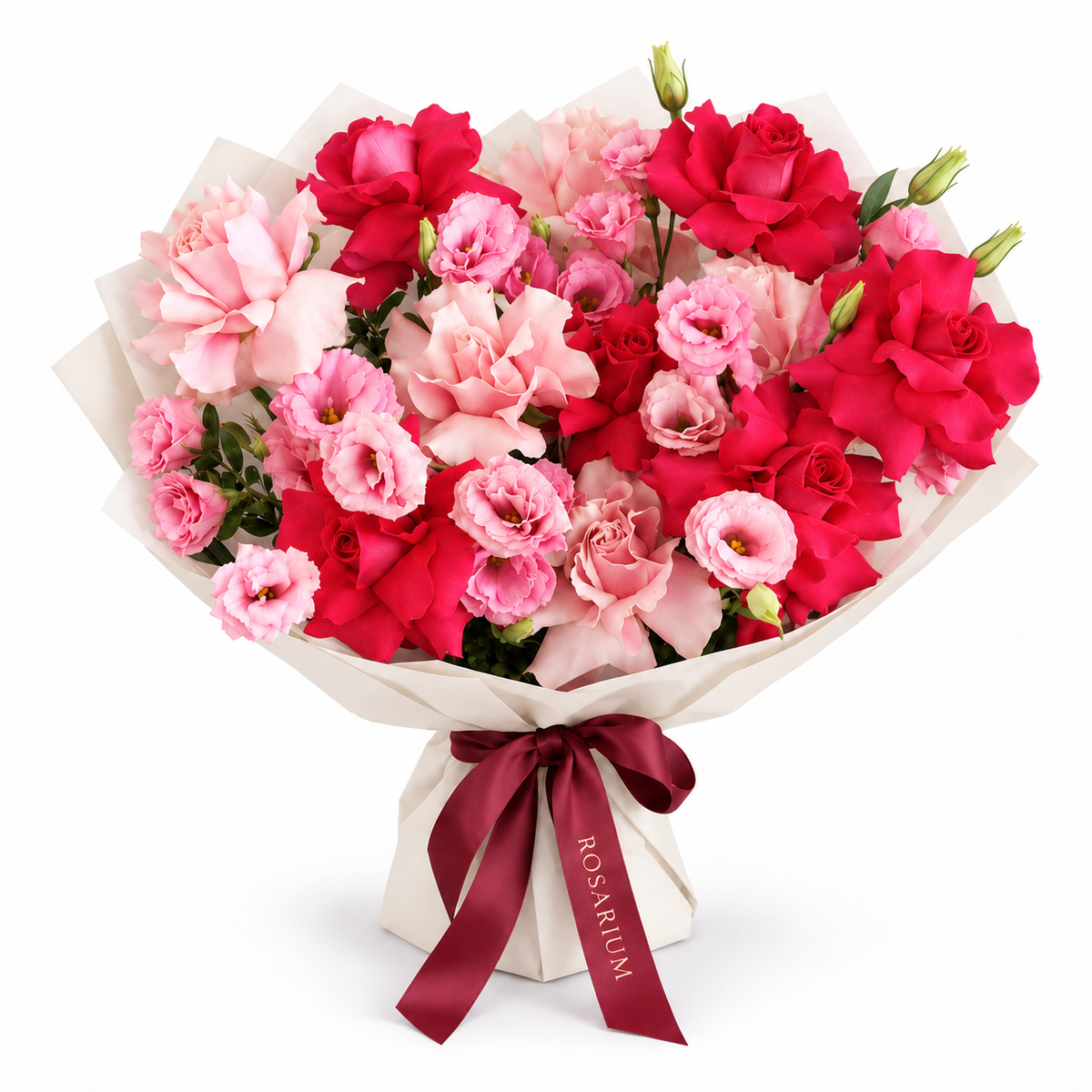 Raspberry Rush, fuchsia and soft-pink roses, lisianthus and hydrangea in off-white wrapping