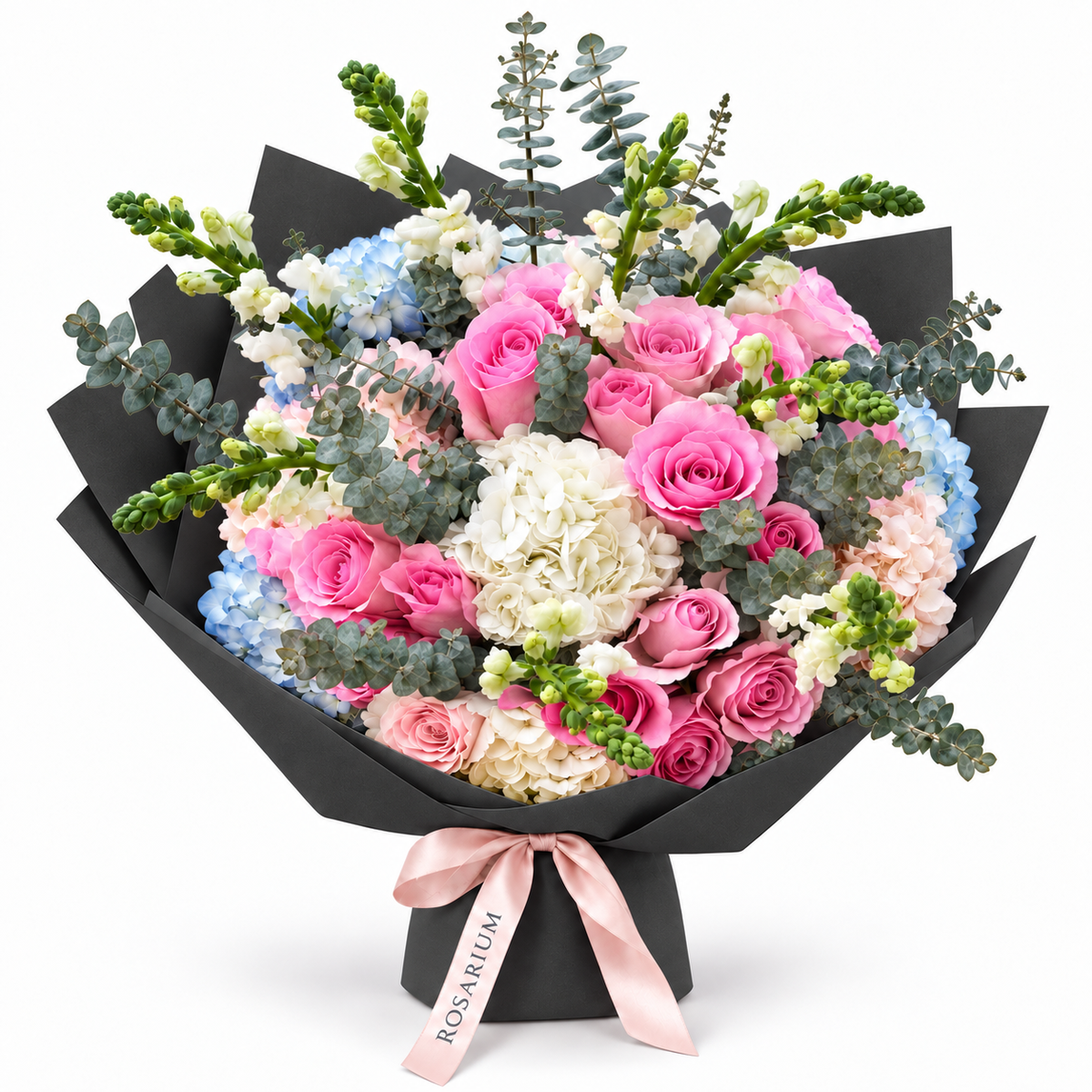 Rosé for No Reason, soft-pink roses and white and pale-blue hydrangea in black wrapping