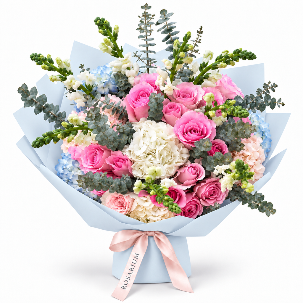 Rosé for No Reason, soft-pink roses and white and pale-blue hydrangea in blue wrapping