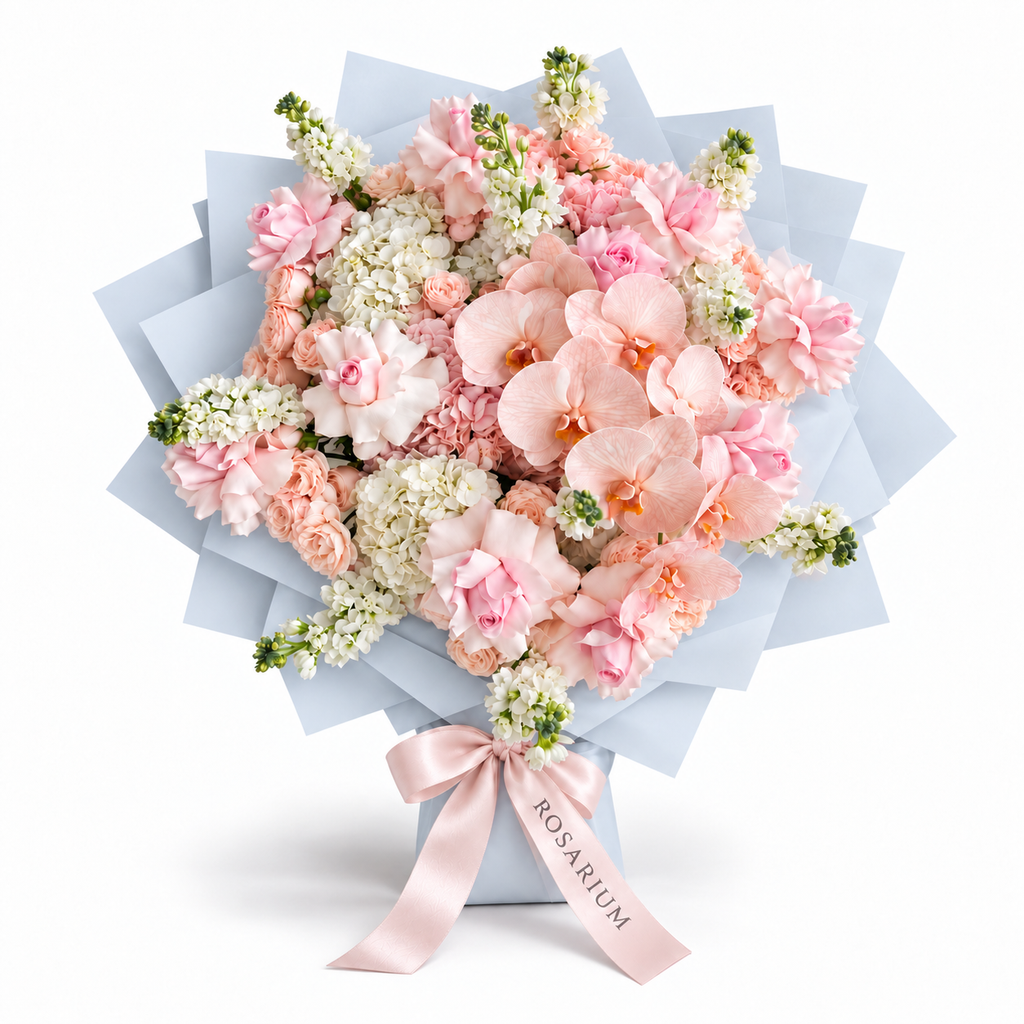 Pink Lemonade Deluxe, light-pink roses, white orchids and white and blush hydrangea in blue wrapping