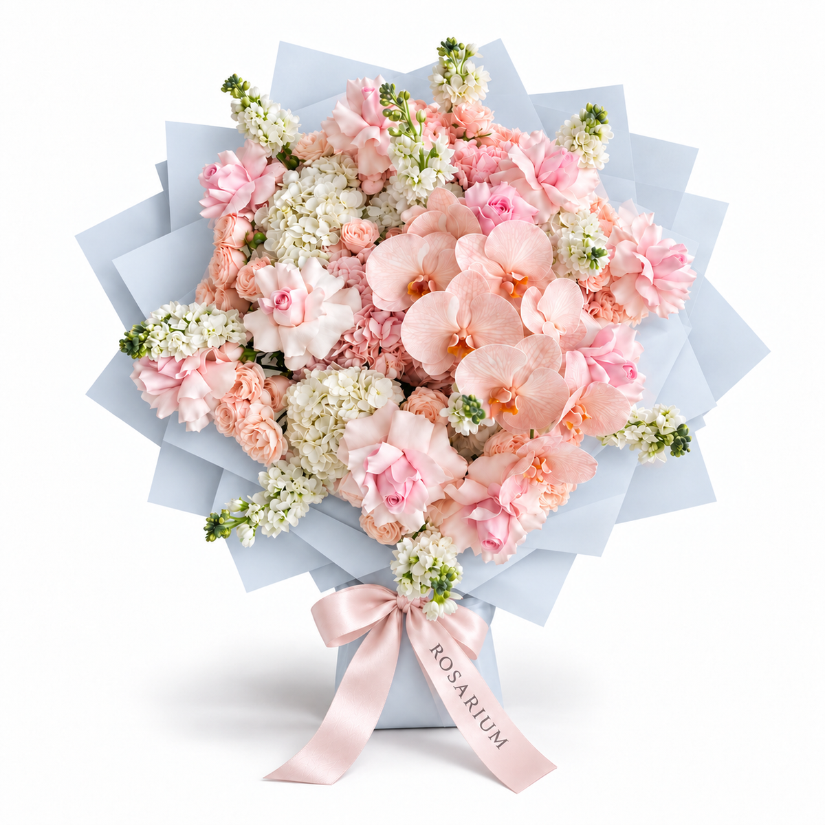 Pink Lemonade Deluxe, light-pink roses, white orchids and white and blush hydrangea in blue wrapping
