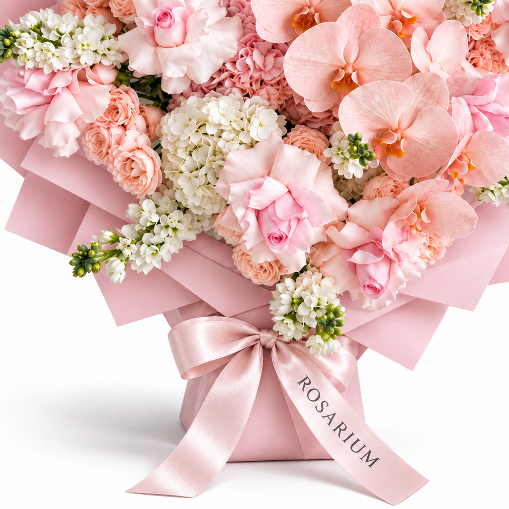 Pink Lemonade Deluxe, light-pink roses, white orchids and white and blush hydrangea, packaging detail