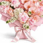 Pink Lemonade Deluxe, light-pink roses, white orchids and white and blush hydrangea, packaging detail