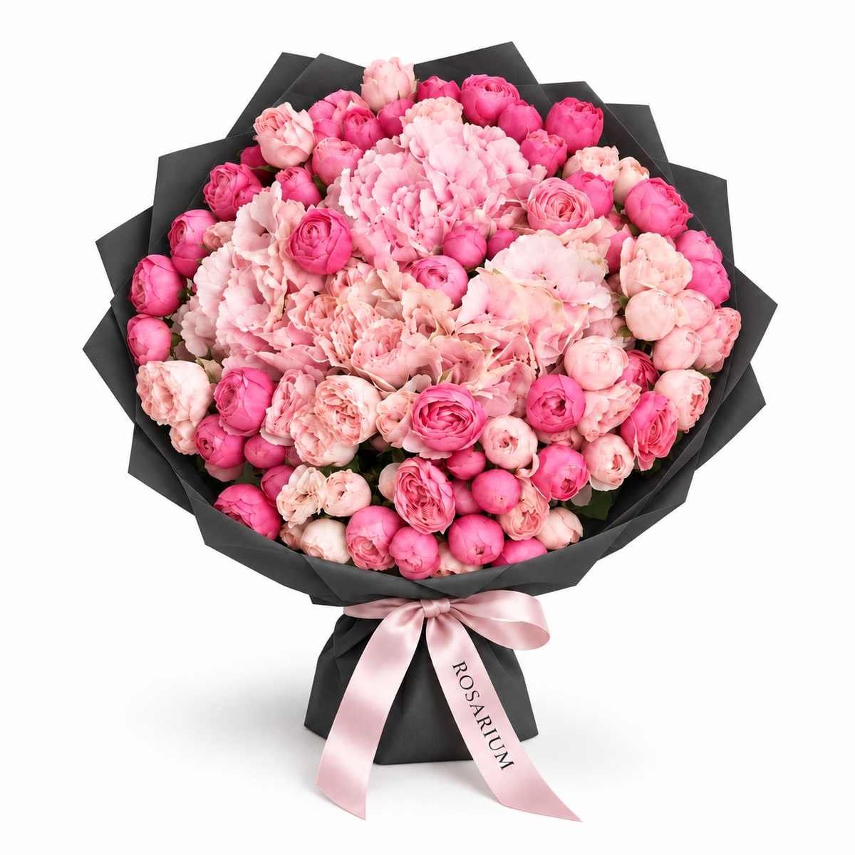 Sicily in Pink, pink hydrangea, ruffled pink blooms and bright-pink roses in black wrapping