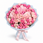 Sicily in Pink, pink hydrangea, ruffled pink blooms and bright-pink roses in blue wrapping