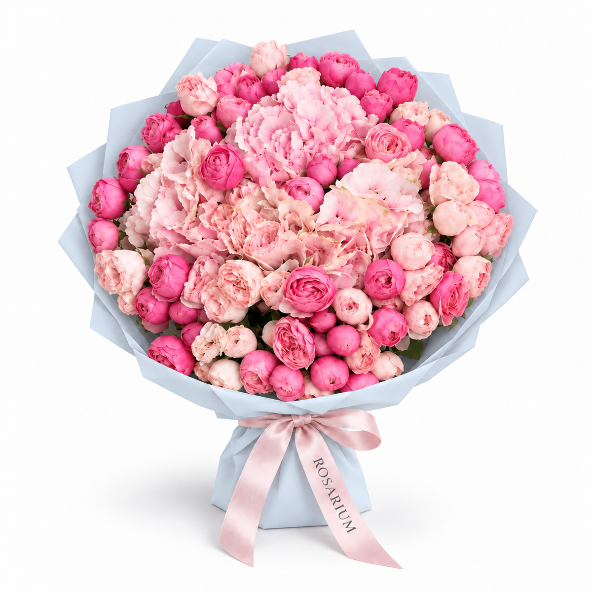 Sicily in Pink, pink hydrangea, ruffled pink blooms and bright-pink roses in blue wrapping