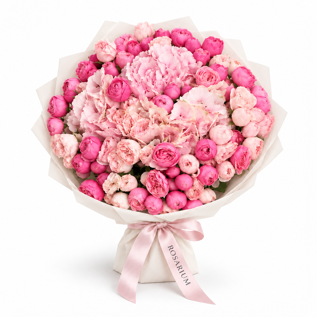 Sicily in Pink, pink hydrangea, ruffled pink blooms and bright-pink roses in off-white wrapping